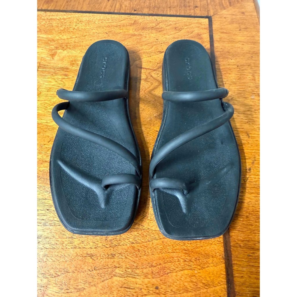 Crocs Women 7 Black Sandals Miami Toe loop Strappy Slide Comfort Flat 206108